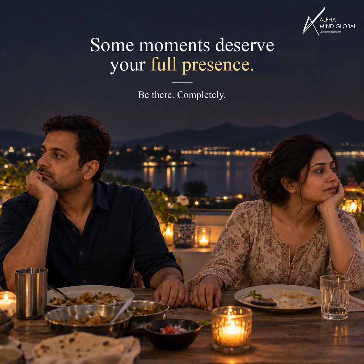 Couple at a candlelit terrace dinner at sunset: Alpha Delaaay, be fully present in the moments that matter