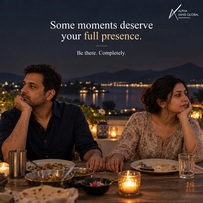 Couple at a candlelit terrace dinner at sunset: Alpha Delaaay, be fully present in the moments that matter