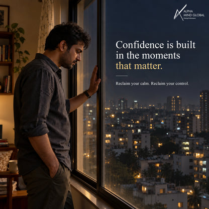 Man standing at a window at dusk overlooking the city: Alpha Delaaay for calm, confidence and control