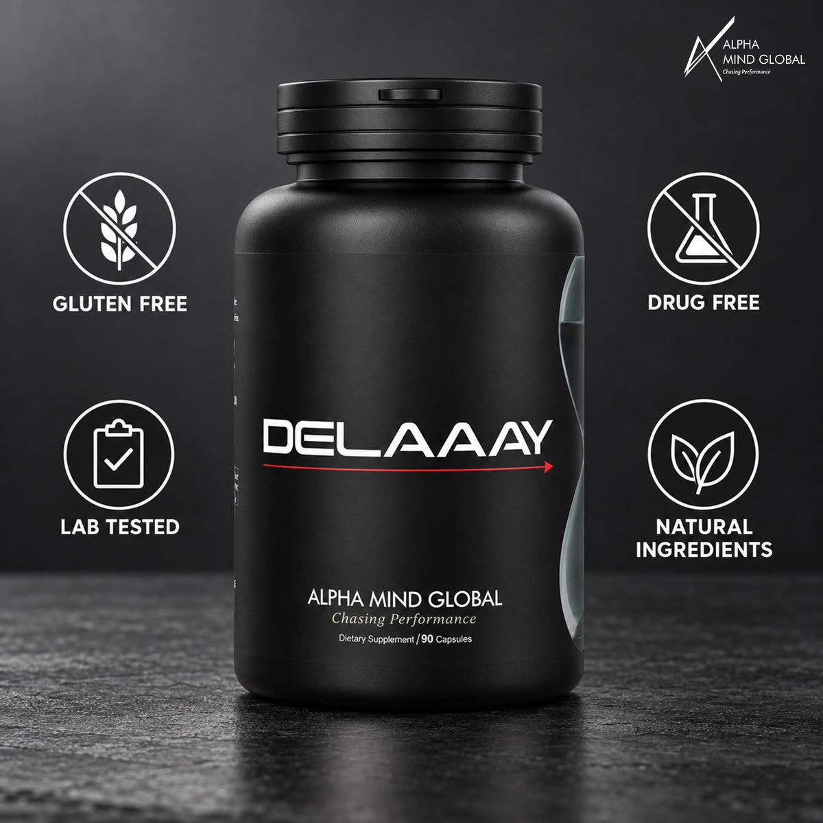 Alpha Delaaay bottle with gluten free, lab tested, drug free and natural ingredients badges