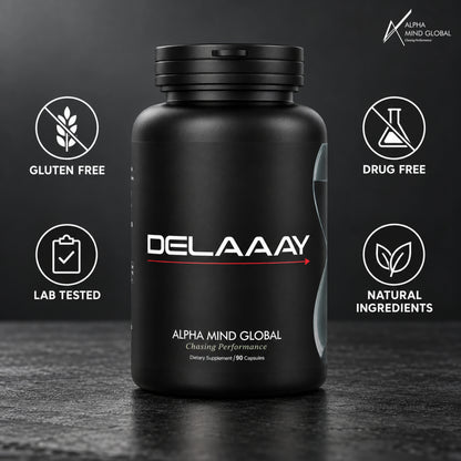 Alpha Delaaay bottle with gluten free, lab tested, drug free and natural ingredients badges