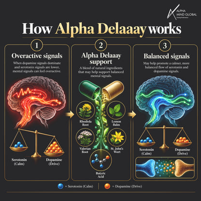 Infographic showing how Alpha Delaaay works: overactive signals to balanced signals.