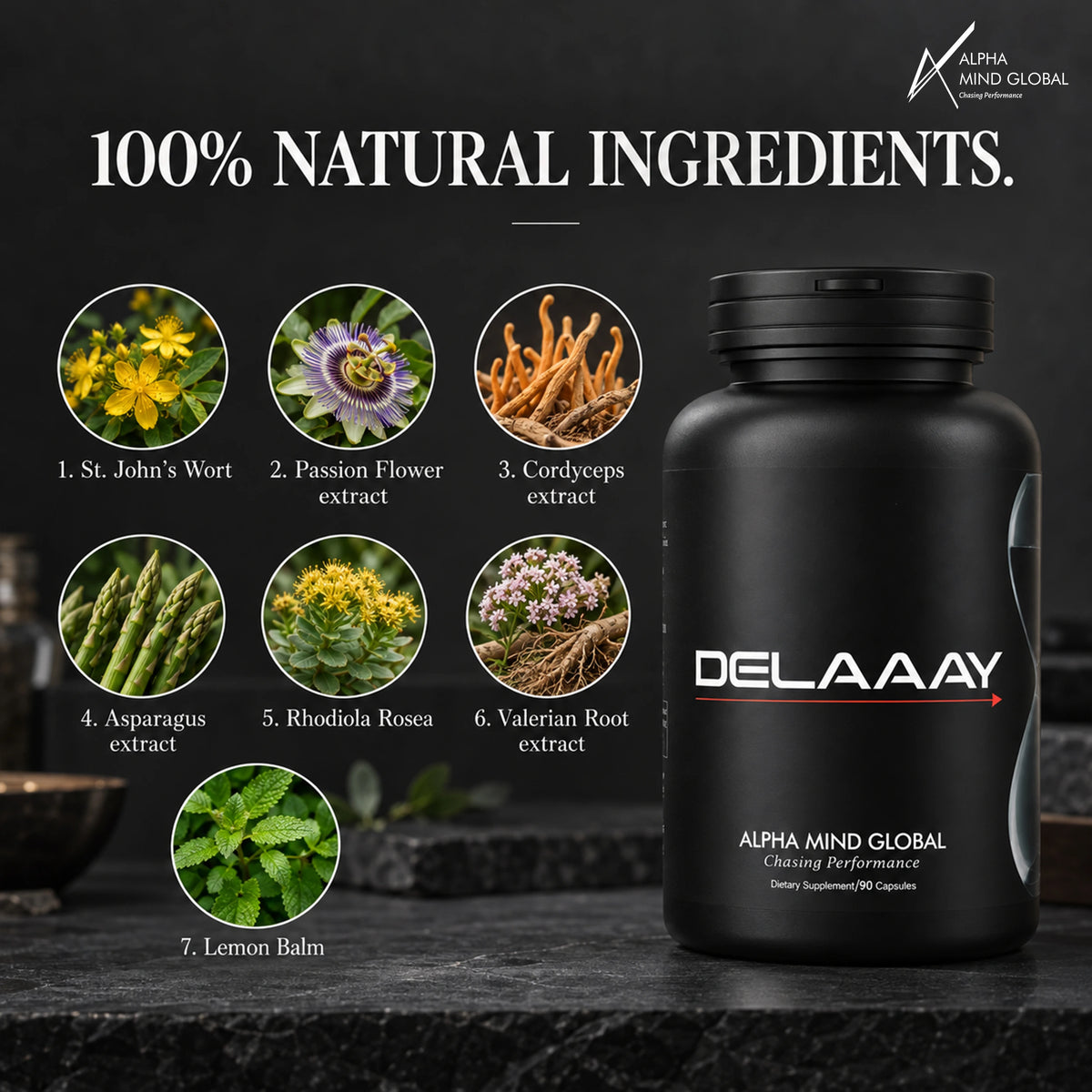 Alpha Delaaay natural ingredients: St. John's Wort, Passion Flower, Cordyceps, Asparagus, Rhodiola, Valerian, Lemon Balm