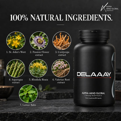 Alpha Delaaay natural ingredients: St. John's Wort, Passion Flower, Cordyceps, Asparagus, Rhodiola, Valerian, Lemon Balm