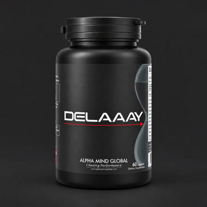 Alpha Delaaay dietary supplement bottle, 60 capsules, by Alpha Mind Global