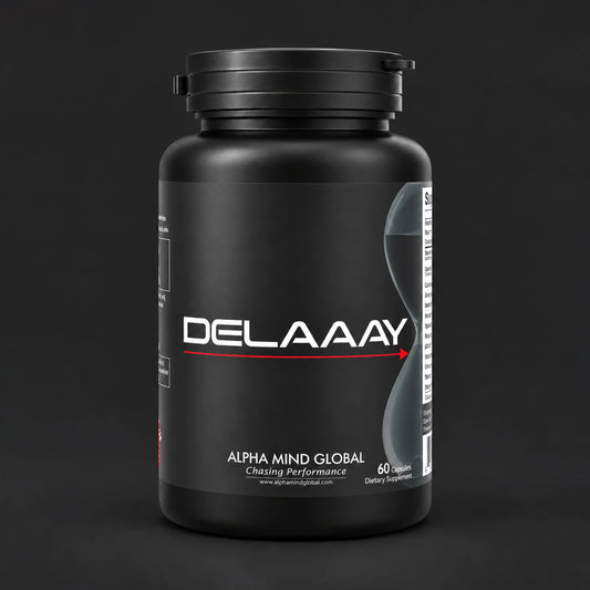 Alpha Delaaay dietary supplement bottle, 60 capsules, by Alpha Mind Global