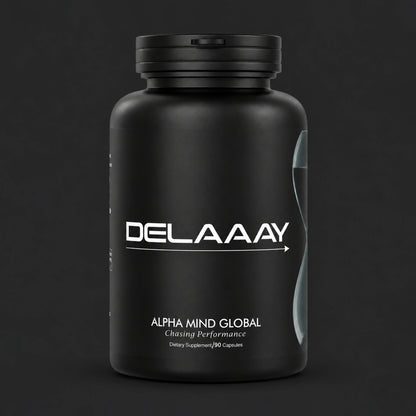 Alpha Delaaay dietary supplement bottle, 90 capsules, by Alpha Mind Global