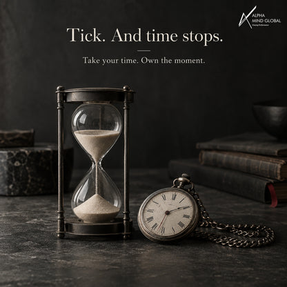 Golden hourglass with sand mid-fall beside a pocket watch: Alpha Delaaay, take your time, own the moment